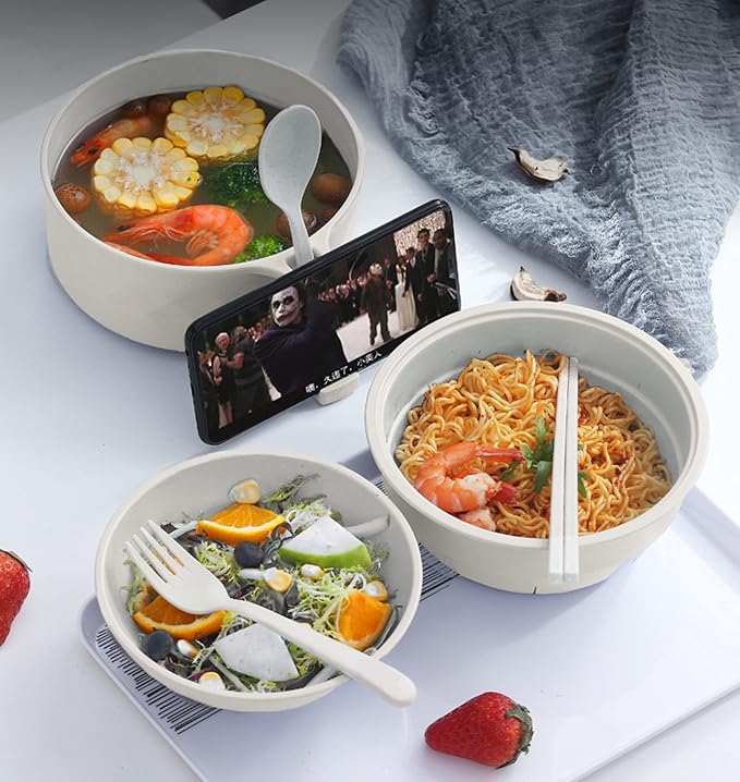 Layron Ramen Cooker Ramen Bowl Set with Chopsticks 33oz Microwave Noodle Bowl College Dorm Room Essentials for Girls for Boys Apartment Essentials-White