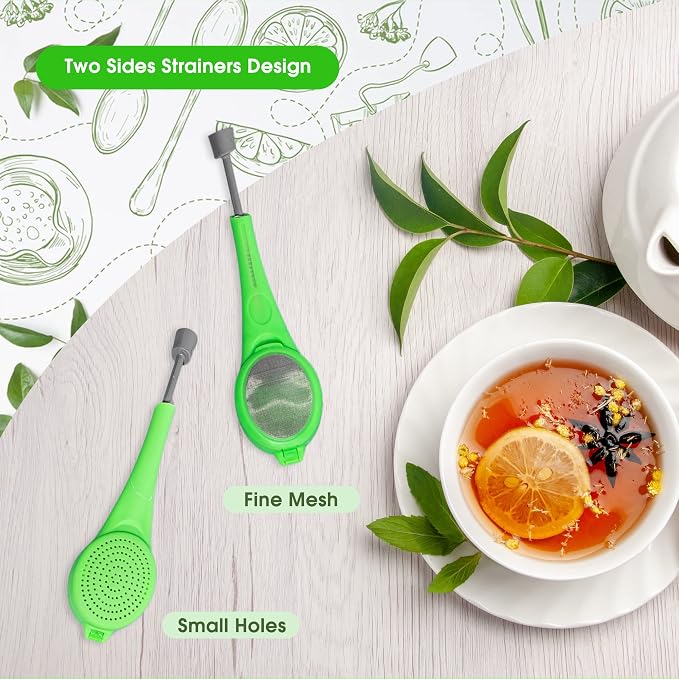3 Pieces Long-Handled Tea Filters Plastic Tea Infuser Fime Mesh with Built-in plunger Reusable Two Sides Strainers for Loose Tea/Coffee/Tea Bag/Herbal/Spice Portable Teaware Accessories, Green