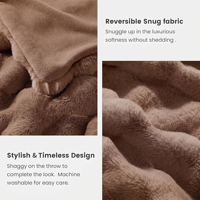 Cozy Bliss Faux Fur Throw Blanket for Couch, Fuzzy Soft Plush Thick Bubble Blanket for Sofa Bedroom Living Room, 50 * 60 Inches Light Brown