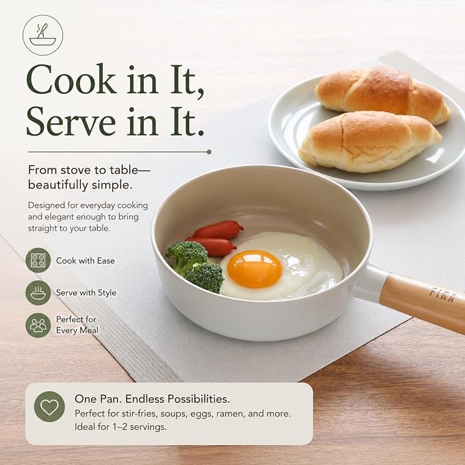 FIKA Small 7 Inch Deep Ceramic Coated Wok Pan, Nonstick Stir Fry & Soup Pan with Natural Wooden Handle, Induction Compatible for All Stovetops, Made in Korea (18cm)