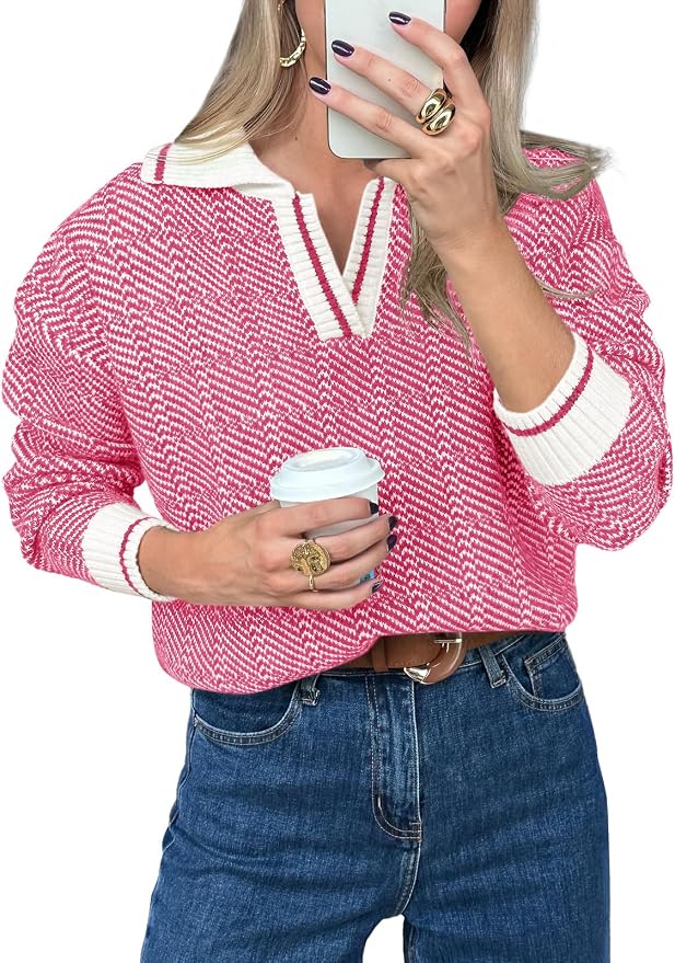Saodimallsu Womens Fall Sweaters Tops Lapel V Neck Knit Color Block Shirt | Winter,Long Sleeve,Casual,Soft,Pullover,Cozy,Ribbed,Ladies,Chunky,Warm Sweaters,Checkered,Tunic,Work