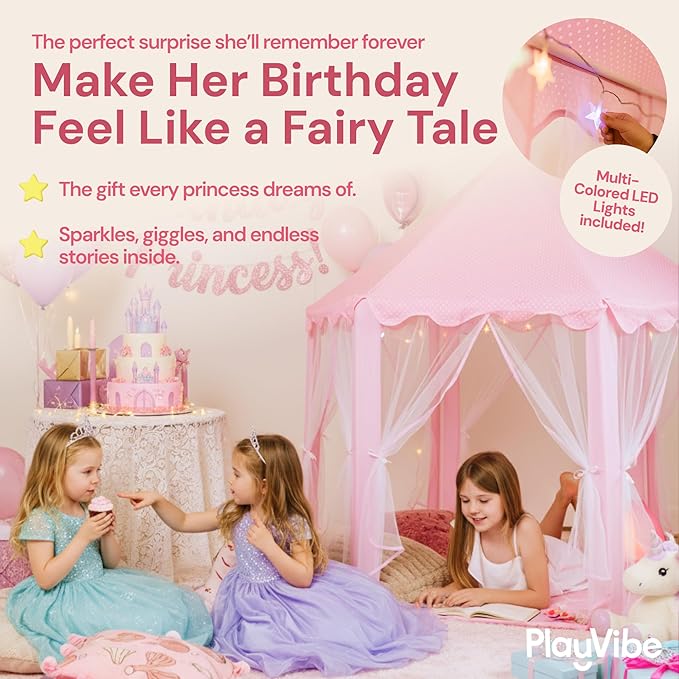 PLAYVIBE Princess Tent - 55 x 53 in, Toddler - Starry LED Lights Kids Tent - Cozy Indoor Playhouse - Portable & Easy Assembly Toddler Playhouse, CGift Idea for Kids & Grandkids