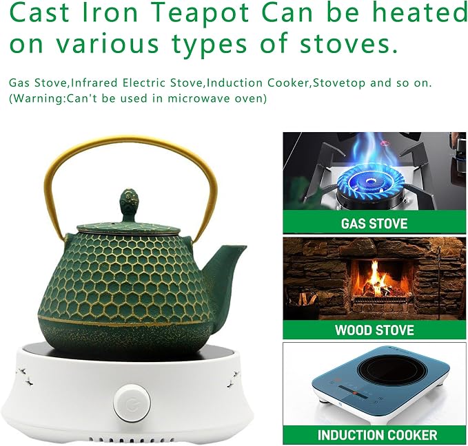YJX Cast Iron Teapot and Cups Set, 33.8oz Hexagon Pattern Tea Pot Enameled Interior, Tea Kettle for Stovetop, Japanese Teapot Set with Teacups for Adults, Green Kettle with Infuser for Loose Leaf