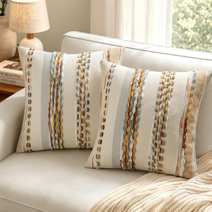 ANRODUO Boho Decorative Throw Pillow Covers 18x18 Inch Rust Blue Pack of 2 | Throw Pillow Covers, Farmhouse Cushion Case, Chenille Pillow Cases, Pillow Covers, Accent Neutral Pillowcase for Sofa Couch