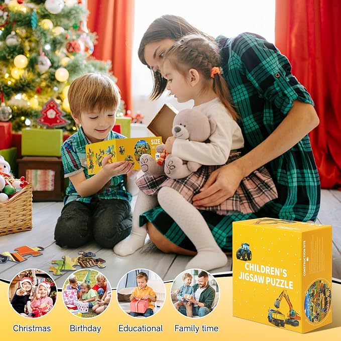 Floor Puzzles for Kids Ages 4-6, Large 70 Piece Construction Puzzles for Kids Ages 6-8 with Excavator Bulldozer Forklift Dumper Truck, Building Site Educational Toy Gifts for Boys Girls Children