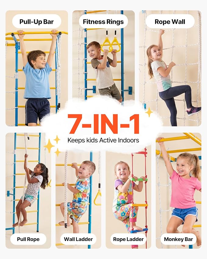 VEVOR Indoor Jungle Gym for Toddlers, 7-in-1 Climbing Playset with Carbon Steel Swedish Ladder, Wall Ladder, Pull-Up Bar, Rope Ladder, and Gymnastic Rings, Supports 220 lbs, Multicolor