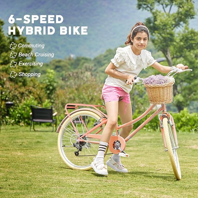Glerc 20 24 26 Inch Beach Cruiser Bike, 6-Speed Hybrid City Bicycle for Girls Youth and Over 6 Years Old, Missy Bike with Wicker Basket & Lightweight, Multiple Colors