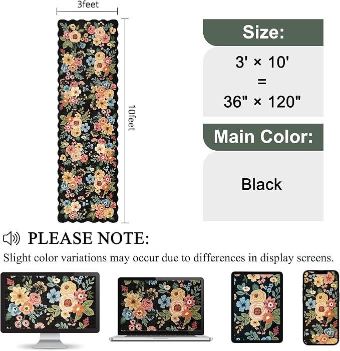 DUKINO 3x10 Runner Rug, Non Slip Floral Washable Rug for Hallway, Black | Low Pile, Soft, Stain Resistant Throw Carpet Runner for Kitchen, Entryway, Bedroom, Bathroom, Lightweight, Modern Home Decor