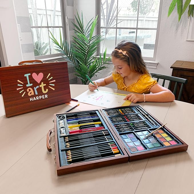 Let's Make Memories Personalized 80-Piece Deluxe Art Set - for Kids - Wood Carrying Case - Oil Crayons, Colored Pencils, Watercolors - Arts & Crafts - Palette Design - Add Name - I Love Art
