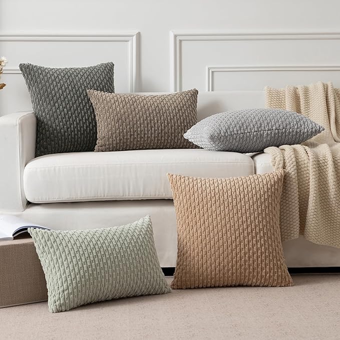 Kevin Textile Soft Corduroy 14"x20" Lumbar Pillow Cover 1 Pack, Light Grey | Boho Stripe Plush Corduroy Decorative Oblong Cushion Cover Modern Farmhouse Home Decor for Sofa Couch Bed Chair