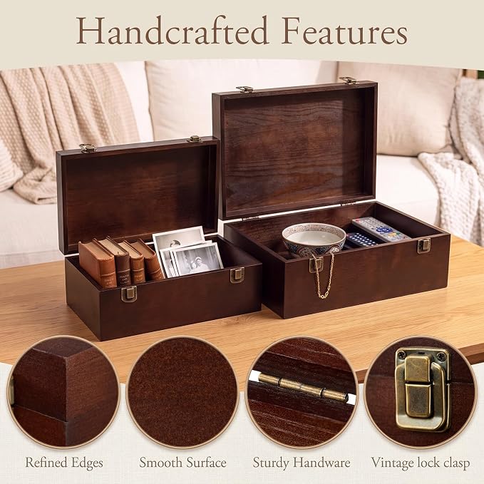Sliner 2 Pcs Wooden Decorative Storage Boxes with Lids Vintage Wood Organizer Bins for Your Bookshelf Home Decor Safely Store Photos Documents Memory Jewelry Craft Storage (Dark Brown,S M Size)