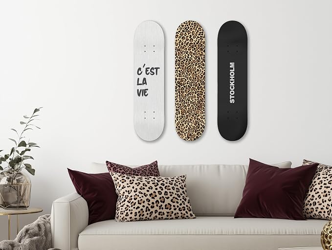 TwoDays Stockholm Style Skateboard Wall Decor - Modern Wall Mount Art Set for Men's Apartment & Dorm, Cool Cheetah Print Skate Deck, Trendy Skater Room Design (Set of 3)