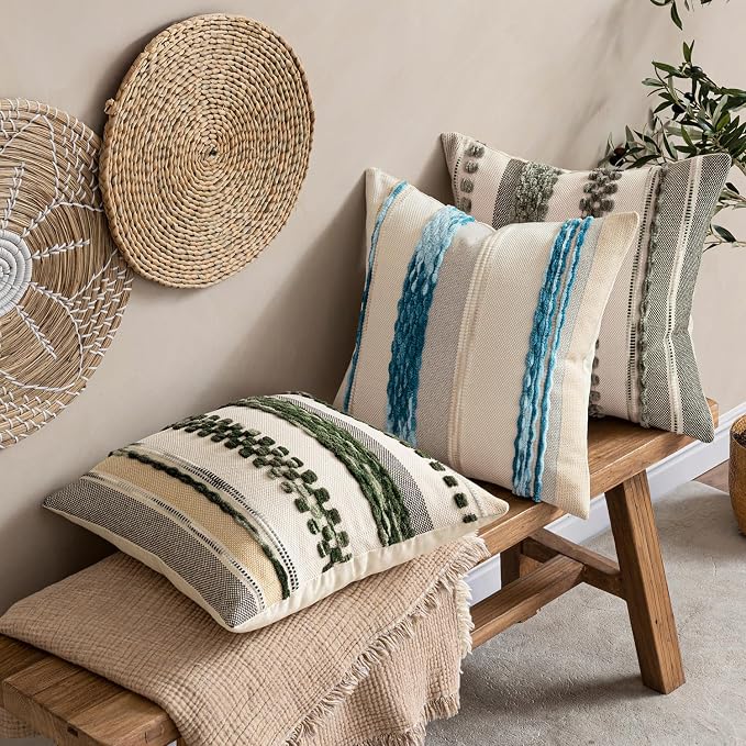 ANRODUO Boho Decorative Pillow Covers 18x18 Pack of 2 Sky Blue Stripe 2 | Throw Pillow Covers, Farmhouse Cushion Case, Chenille Pillow Cases, Pillow Covers, Neutral Pillowcase for Sofa Couch Bed
