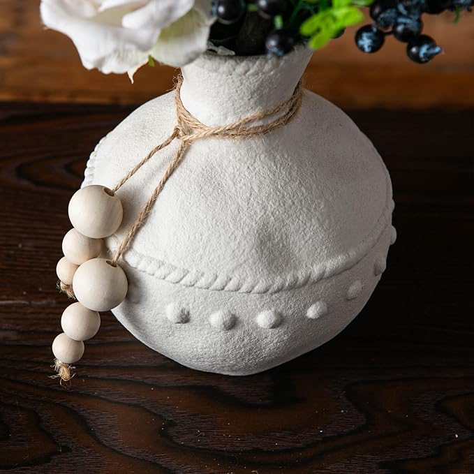 Mowtanco Rustic Ceramic Vase with Boho Wooden Beads, Matte Decorative Pottery for Modern Farmhouse and Bohemian Decor, Floral Arrangements, Living Room, Dining Table Centerpieces