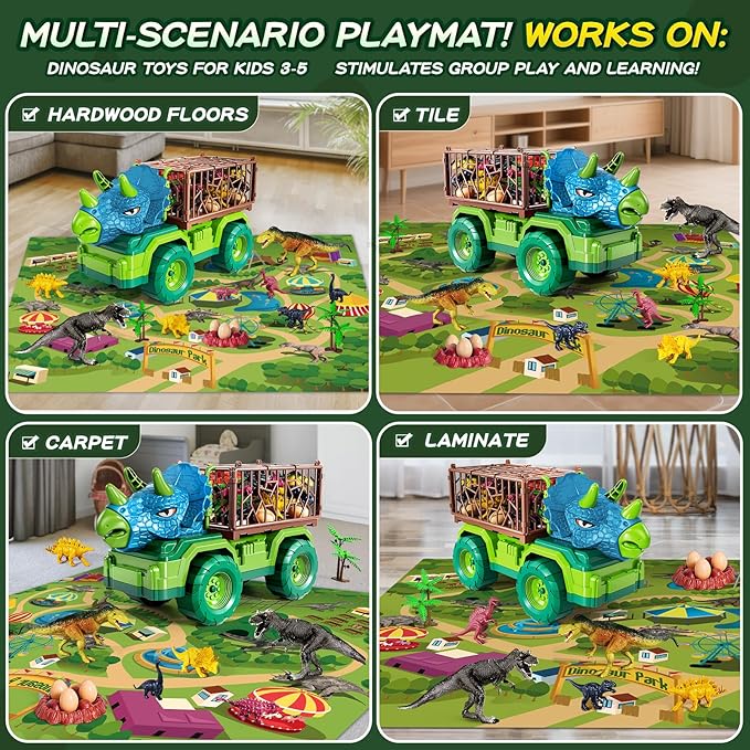 Dinosaur Cars Truck Toys for Kids 3-5 with 8 Dinosaur Figures, Activity Play Mat, Dinosaur Egg, Trees, Jurassic Play Set for Boys and Girls Ages 5-7