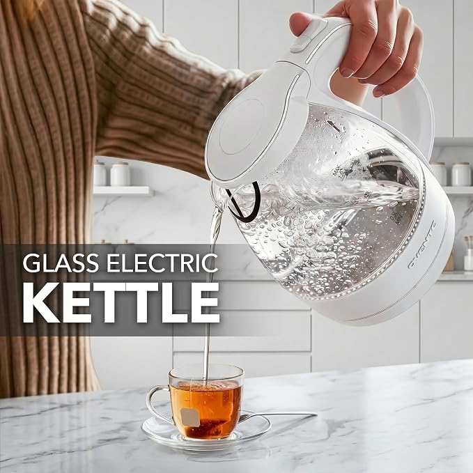 OVENTE Electric Kettle, 1.5L Borosilicate Glass Countertop Water Heater and Boiler for Coffee or Tea, BPA-Free, Auto Shut-Off, Boil-Dry Protection, Removable and Washable Spout Filter, White KG83W