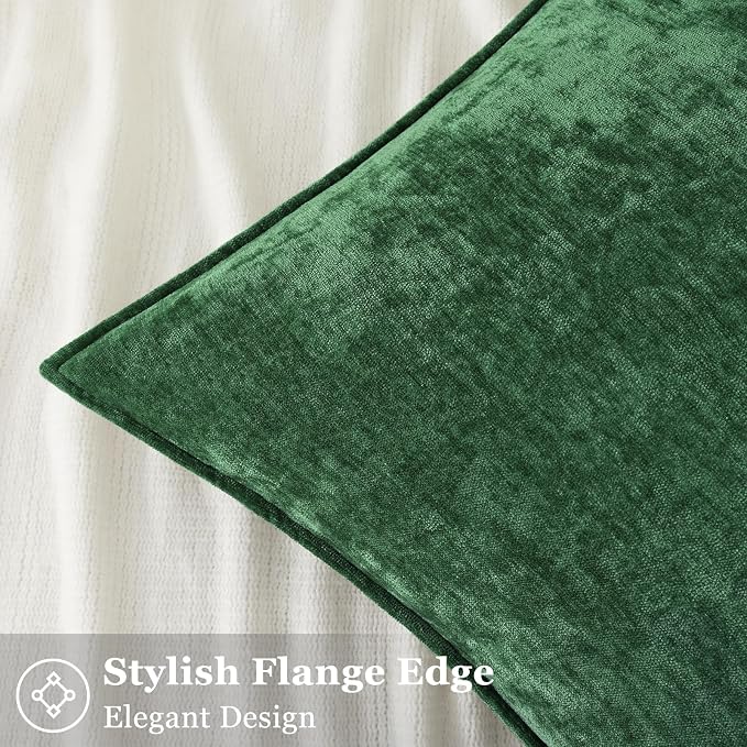 decorUhome Chenille Green Velvet Throw Pillow Covers 18x18 Set of 2 | Fall Soft Couch Decorative Modern Farmhouse Pillow Cases with Elegant Design for Sofa Bed Living Room Home Decor