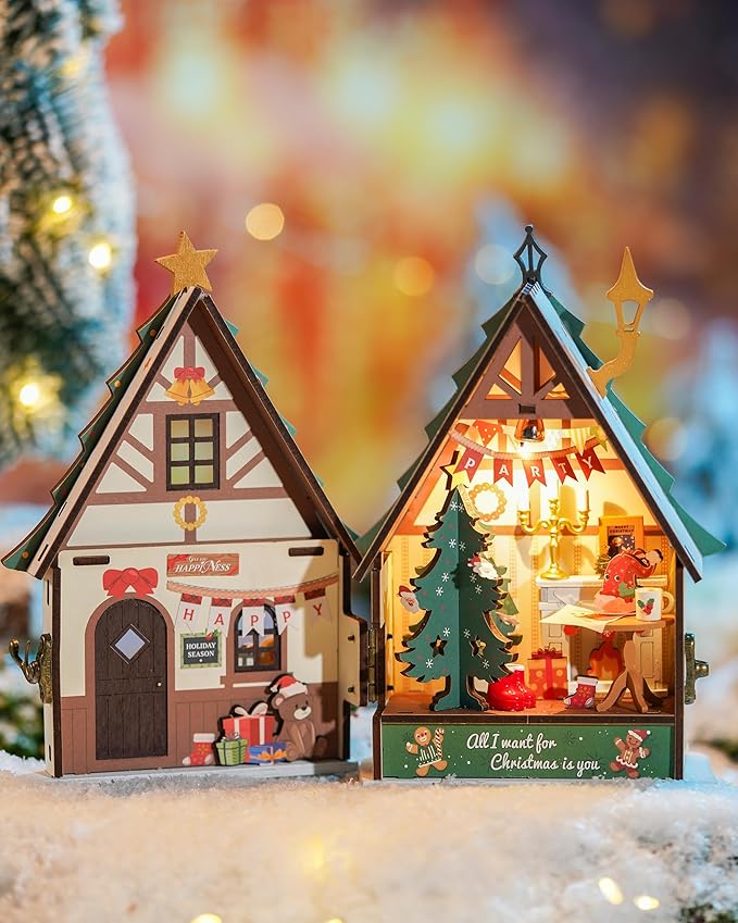 Rowood Miniature House Kit Christmas,Miniature Dollhouse Kits for Adults,Mini House Toy Building Kit,Craft Kits for Women on Christmas-Twinkling Christmas House