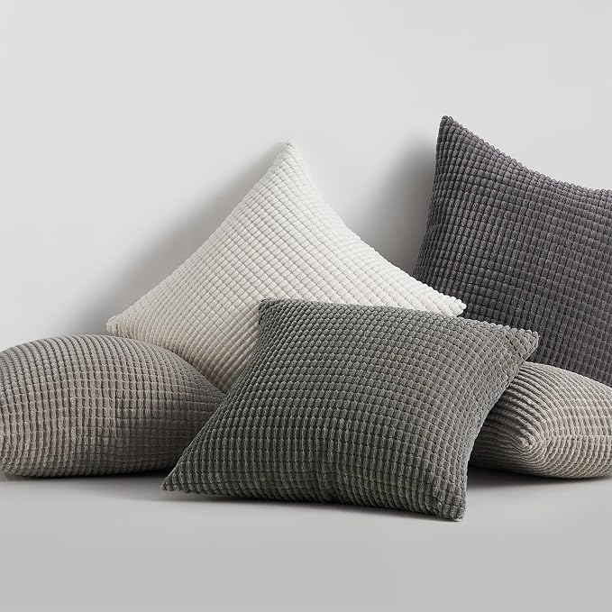 Topfinel Grey Couch Pillow Covers for Living Room 45x45 cm Set of 4,Mid Century Modern White Neutral Corduroy Corn Throw Pillows,Rustic Square Bench Chair Cushion(18 Inch/Grey)