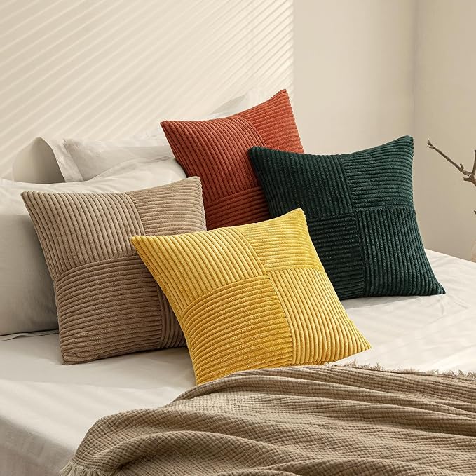 MIULEE Fall Green Rust Throw Pillow Covers 18x18 Inch Set of 4 Boho Farmhouse Soft Corduroy Striped Cushion Cases Decorative Color-Clash Home Decor for Couch Sofa Living Room Bed