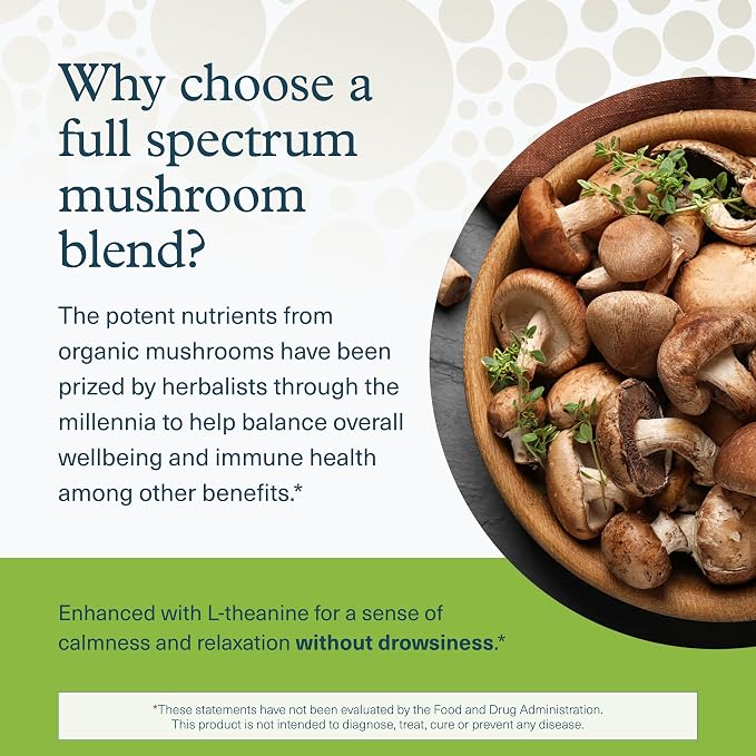 Youtheory Mushroom Stress Complex - 60 Vegetarian Capsules (20 Day Supply) - Organic Full-Spectrum Mushroom Blend with L-Theanine - Supports Immune System & Gut Health*- Supports Mental Calmness*