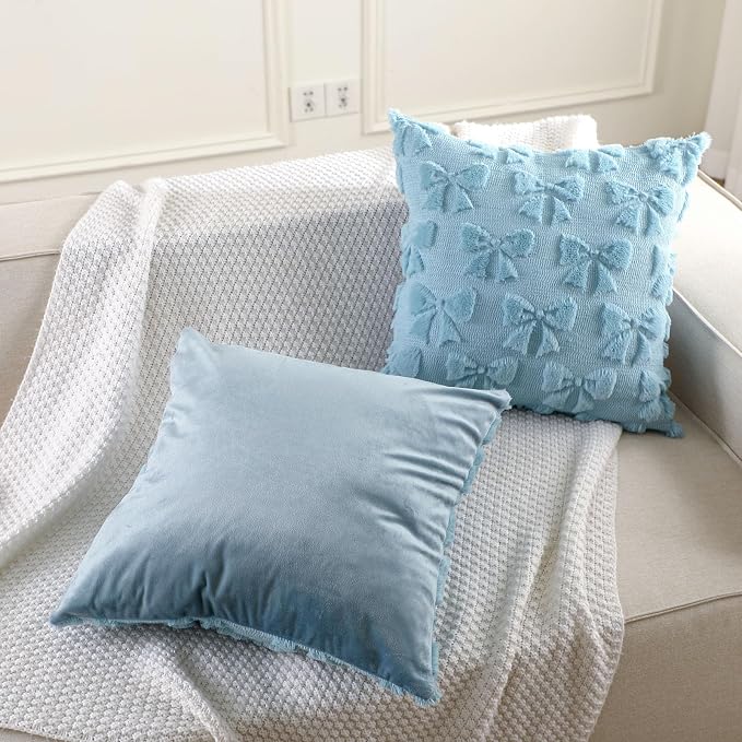 Mixweer Blue Bow Pillow Covers Set of 2 Preppy Room Decor Coquette Cute Spring Summer Decorative Faux Fur Soft Bowknot Stuff Fluffy Plush Aesthetic Pillowcase for Bed Sofa Couch (20 x 20 Inch)