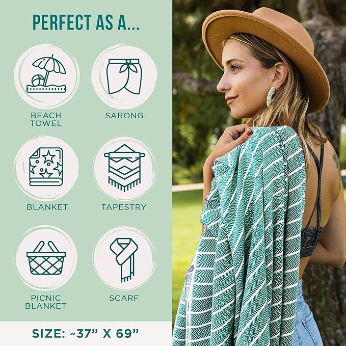 Sand Cloud Large Turkish Beach Towel - Sand Resistant - Fast Drying -100% Certified Organic Turkish Cotton Yarn - Great for Beach Bath or as a Blanket - As Seen on Shark Tank - Gocek (Mint) 37x69