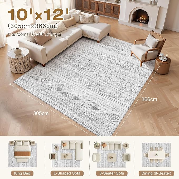 cotiled 10x12 Area Rugs Living Room Rug: Washable Boho Rugs with Non Slip Backing Large Soft Indoor Stain Resistant Carpet for Bedroom Farmhouse Dining Room Lightweight Home Decor Light Grey