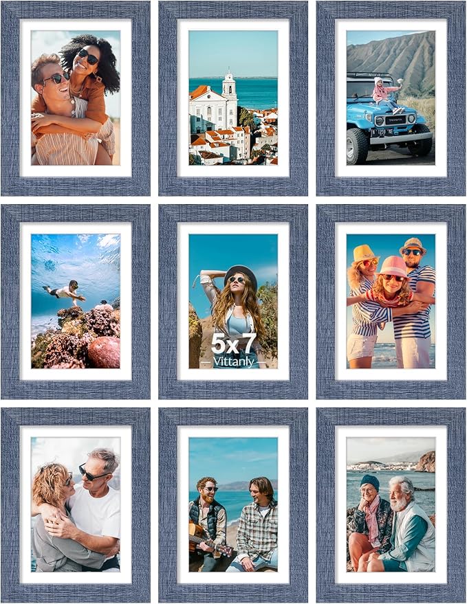 Vittanly 5x7 Picture Frames Set of 9 for Wall or Tabletop Display, Navy | Display Pictures 4x6 with Mat or 5x7 without Mat, Small Photo Frames, Engineered Wood with Shatter Resistant Plexiglass