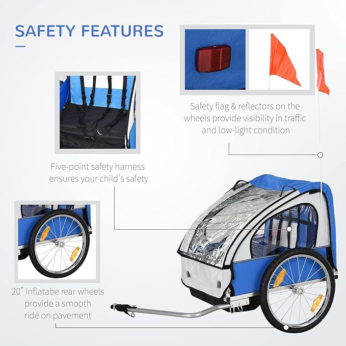 Aosom 2-Seat Child Bike Trailer for Kids with a Strong Steel Frame, 5-Point Safety Harnesses, & Comfortable Seat