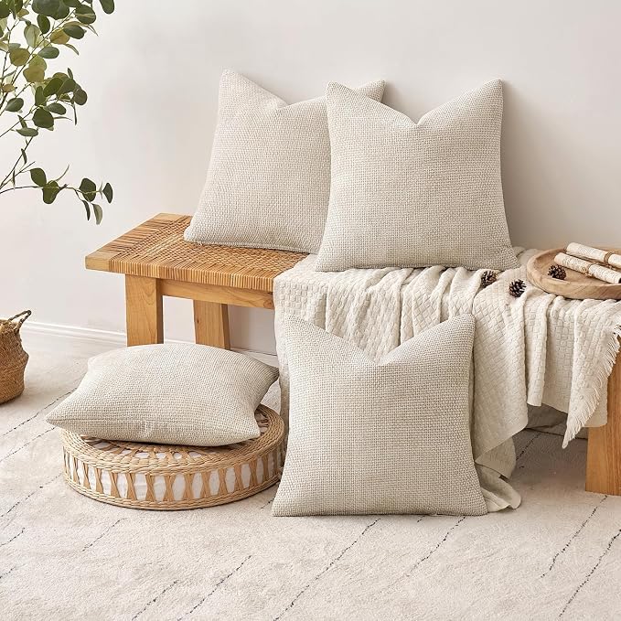 MIULEE Soft Decorative Chenille Euro Pillow Covers Cream 24x24 Pack of 4 | Modern Home Decor, All Same Cream Color Set, Couch Throw Pillows, Farmhouse Boho Cushion Covers for Sofa Bed Living Room