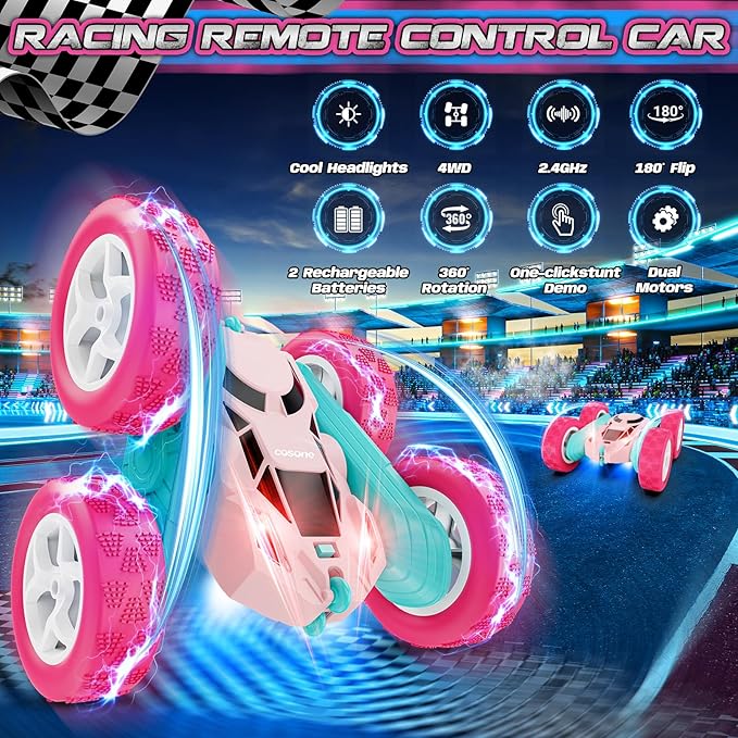 cosone RC Cars, Pink Remote Control Car for Girls, 2.4 GHZ Double Sided RC Stunt Car 360 Rotating Remote Control Cars with Headlights Toys for 6 7 8 9 10 11 12 Girls Birthday Gift