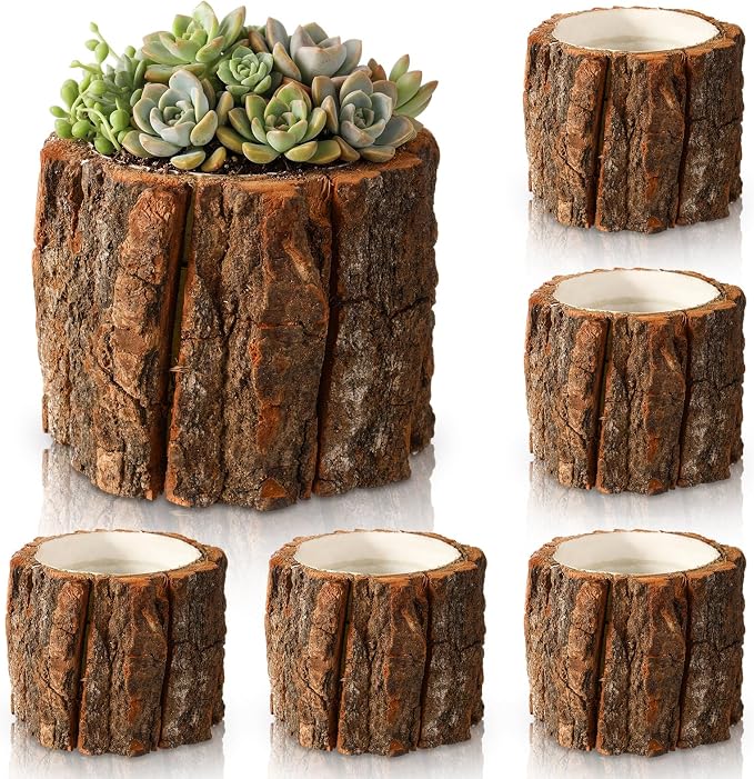 6 Pcs Wooden Vase for Centerpieces Wedding Flower Table Centerpieces Woodland Party Decor Rustic Farmhouse Bark Stump Buckets Vintage Planter Pots for Garden Baby Shower Window Home (Small)