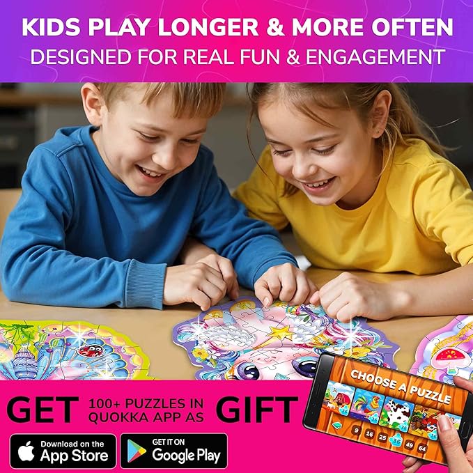 QUOKKA Shimmery Puzzles for Kids Ages 4-6 – 48 Piece Shaped Jigsaw Puzzles for Toddlers 3-5 – 4-Pack Princess, Mermaid, Butterfly & Unicorn Children's Game Ages 4-8 – Unique Gift Toy for Preschoolers