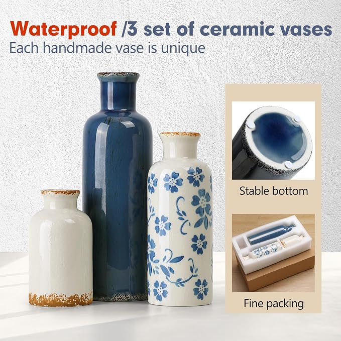Ceramic Vases Set of 3, Blue and White Vintage Flower Vase Waterproof | Farmhouse Rustic Vase for Pampas Grass & Dried Flowers, Flower Vase for Table Living Room Home