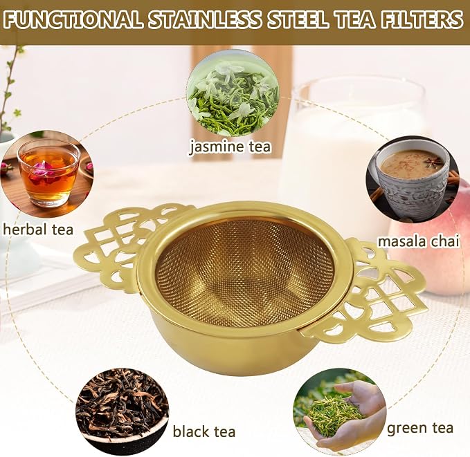 4 Pack Fine Mesh Tea Strainers with Drip Bowls, Stainless Steel Loose Leaf Tea Filter, Double Wing Handles for Mugs & Cups 2.5-4 Inch Mouth, Gold