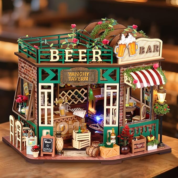 TuKIIE DIY Miniature House Kit with Furniture, 1:24 Scale Creative Room Mini Wooden Dollhouse Book Nook for Kids Teens Adults(Beer Bar)