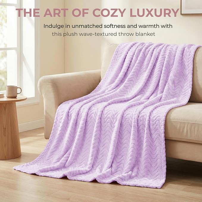 Exclusivo Mezcla Soft Fleece Blanket Queen Size for Bed, Sofa, Lilac Purple | 90"x90" Breathable Lightweight Flannel Blanket for Summer, Plush Cozy Jacquard Wave for Home Decor