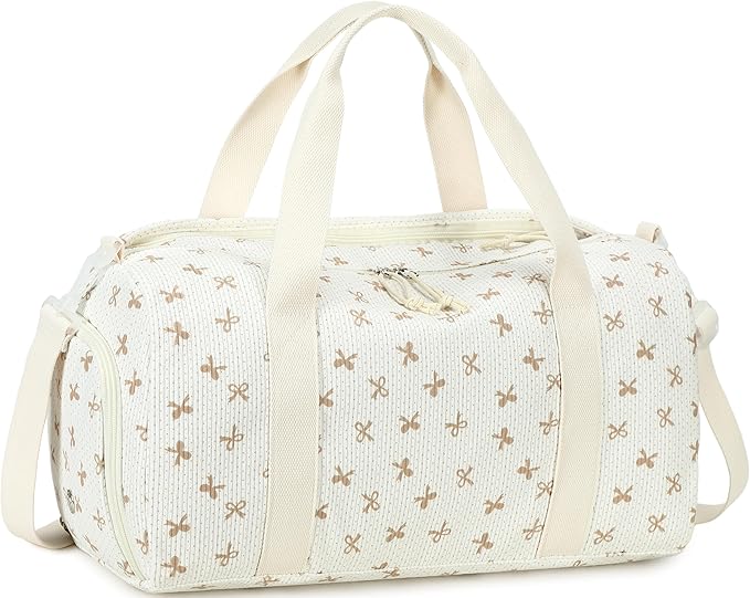 Gym Bag Sports Duffle Bag with Wet Pocket Weekender Overnight Bags with Waterproof Shoe Pouch and Air Hole for Girls Kids Women Workout Travel Bags (Brown Bow - Beige)