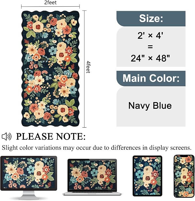DUKINO 2x4 Rug for Entryway, Floral Washable Kitchen Rugs, Navy Blue | Non Slip, Low Pile, Soft Throw Runner Rug for Hallway, Bedroom, Bathroom, Laundry, Pet Friendly, Home Decor, Stain Resistant