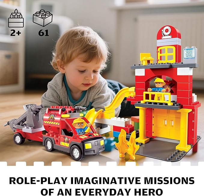 Fire Station Playset, Fire Trucks for Toddlers 3-5, Classic Big Building Blocks Compatible with Lego Fire Station and DUPLOs for Age 3-5, Firefighter Gifts, Firetruck Toys 3-5 Years Old