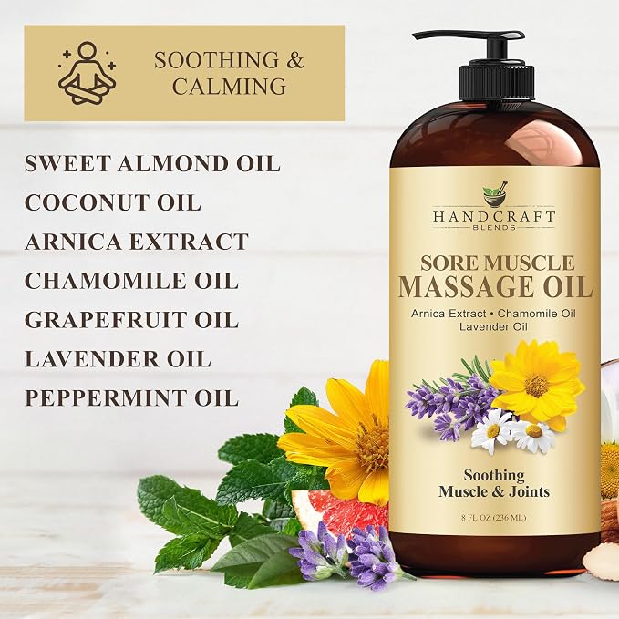 Handcraft Blends Sore Muscle Massage Oil 8 Fl Oz - Moisturizing Body Oil for Massage Therapy - Made with Arnica Extract, Chamomile, Lavender, Peppermint Oils