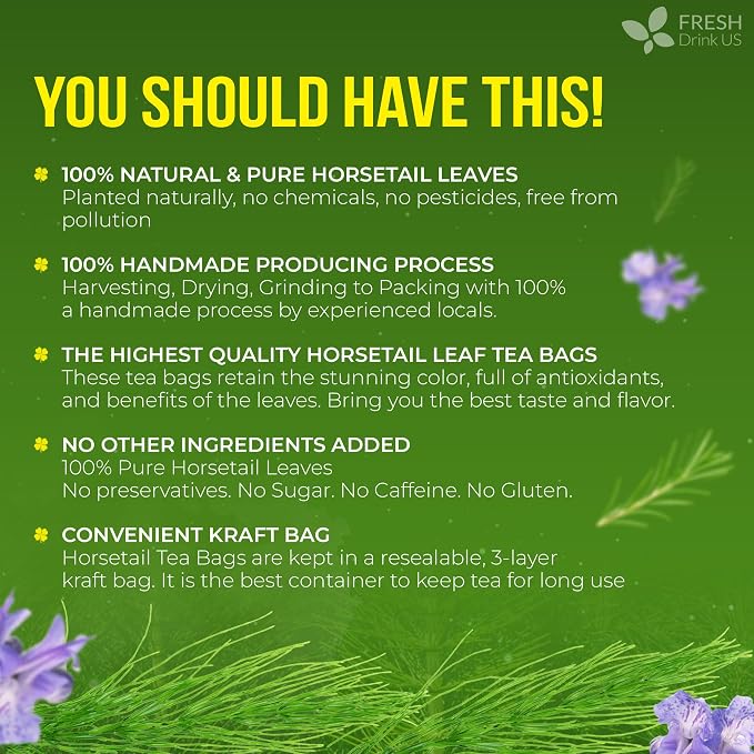 FreshDrinkUS, Premium 30 Horsetail Leaf Tea Bags, 100% Natural & Pure from Horsetail Loose Leaves Herbal Tea. Made with Natural Material Tea Bags. No Sugar, No Caffeine, No Gluten, Vegan.