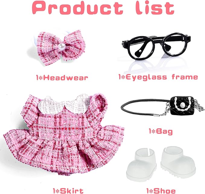 Fashion 17cm Chic Doll Clothes Accessories Set Include: 1 Hairpin, 1 Dress, 1 Glasses, 1 Bag and 1 Shoes for Dress up Your Dolls (Doll Not Included), Chic #Pink