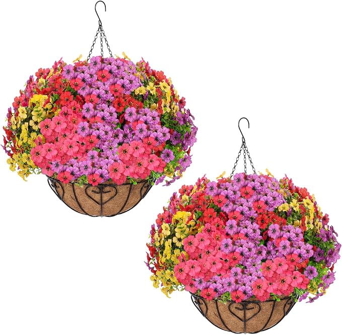 2 Sets Artificial Hanging Flower for Outdoors(Mixed) | Fake Hanging Basket for Outside,2 Hanging Basket with 26 Pcs Faux Silk Flowers for Porch, Balcony and Patio Decor