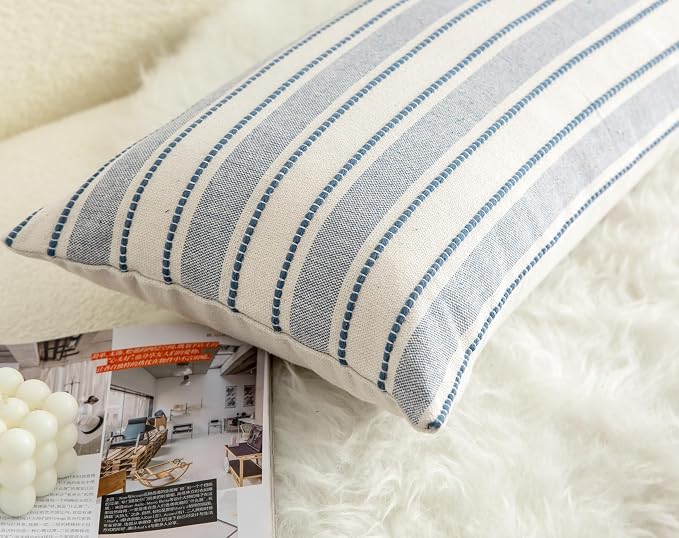 Cethom Decorative Boho Lumbar Pillow Covers, Modern Farmhouse Couch Pillowcase, 14 x 36 Long Accent Body Throw Pillow Covers, Sofa Bed Living Room Decor Cushion Case, Blue and Beige, Pack of 1