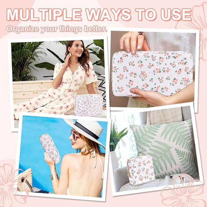 UIXIZQ Waterproof Mini Floral Makeup Bag Pouch for Purse,Nylon Flower Cosmetic Travel Bag Small Preppy Toiletry Organizers Bag for Women Girl,Cute Zipper Pouch Coin Purse for Work(Mini White-Flowers)