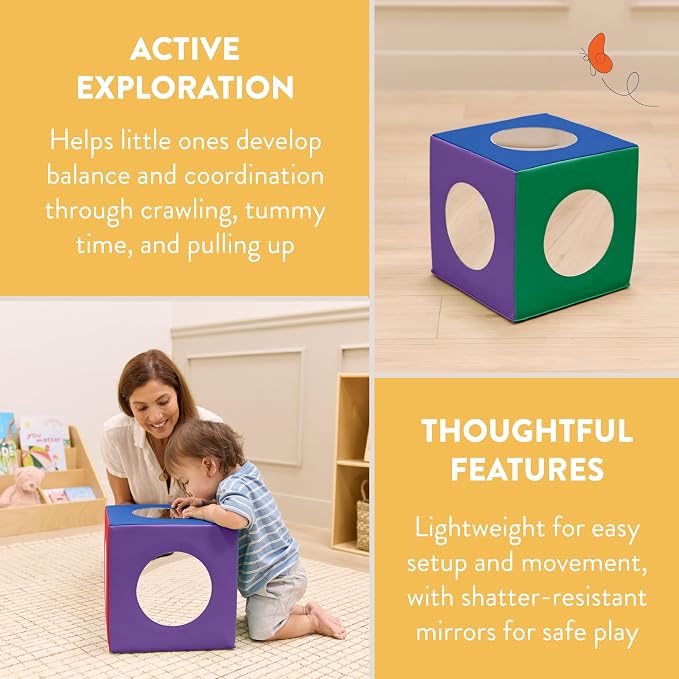 Back2School Express Peek ‘n’ See Sensory Activity Mirror Cube for Babies 6+ Months - Tummy Time Baby Mirror Toy, Infant Development Soft Foam Play Block, Montessori Baby Toys, Assorted