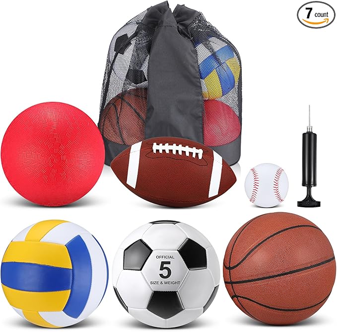 Libima 6 Pcs Multi Sport Ball Set Gift Official Size Football, Basketball, Soccer, Volleyball, Playground Ball, Baseball with Outdoor Sports Equipment Bag Pump for Christmas Holiday