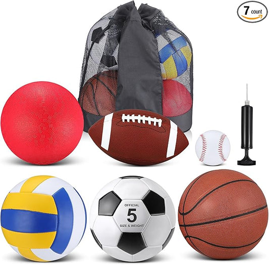 Libima 6 Pcs Multi Sport Ball Set Gift Official Size Football, Basketball, Soccer, Volleyball, Playground Ball, Baseball with Outdoor Sports Equipment Bag Pump for Christmas Holiday